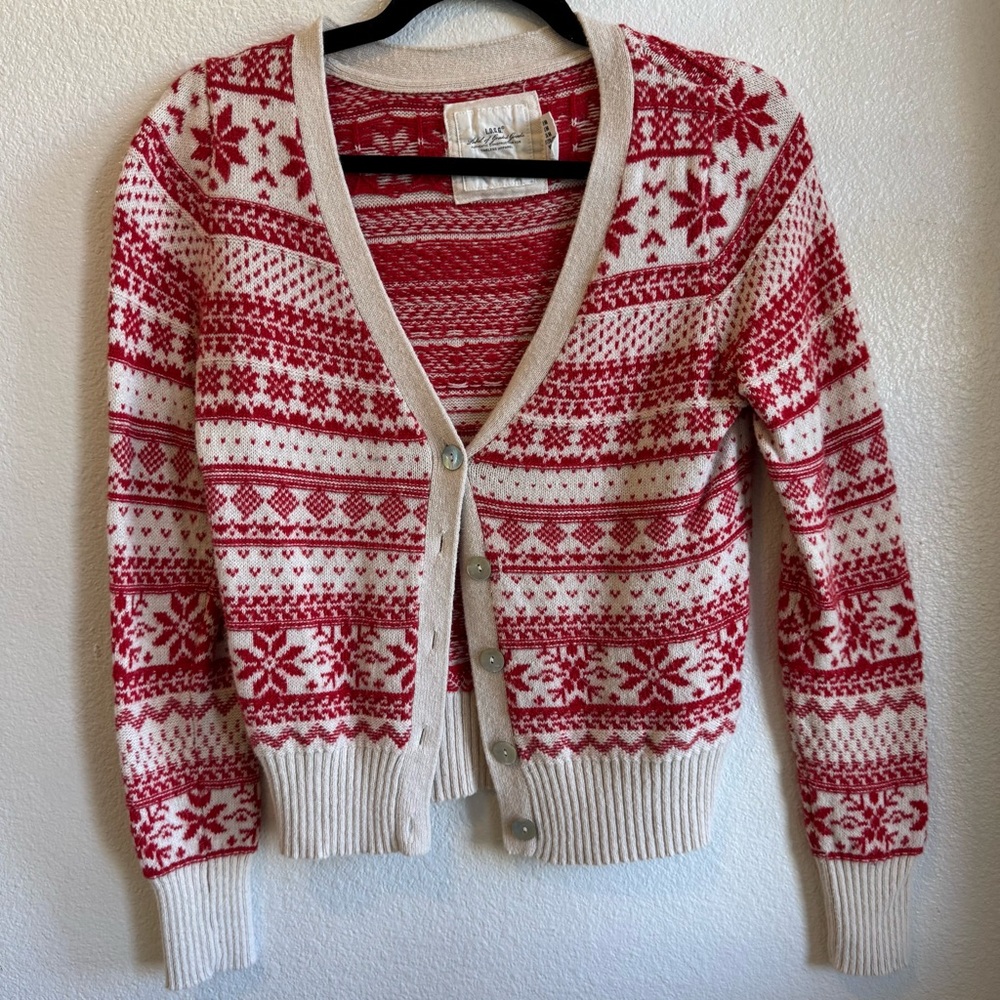 H&M L.O.G.G. Red Fair Isle Cardigan Angora Blend Nordic Sweater M